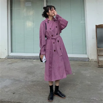 

Women Vintage Corduroy Trench Coat 2019 Winter And Spring Loose Double Breasted Medium Length With Waist Strap Female Trench
