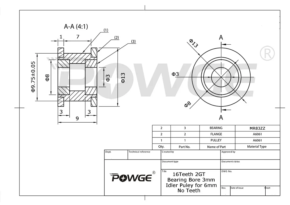 Синхронное отверстие натяжного шкива POWGE 2GT 16 зубцов 3 мм с подшипником для ширины