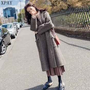

Plus Size Elegant Big Pocket Woolen Coat Women 2020 Winter New Long Sleeve V-Neck Korean Cashmere Tartan Coat Jacket Femme 2XL