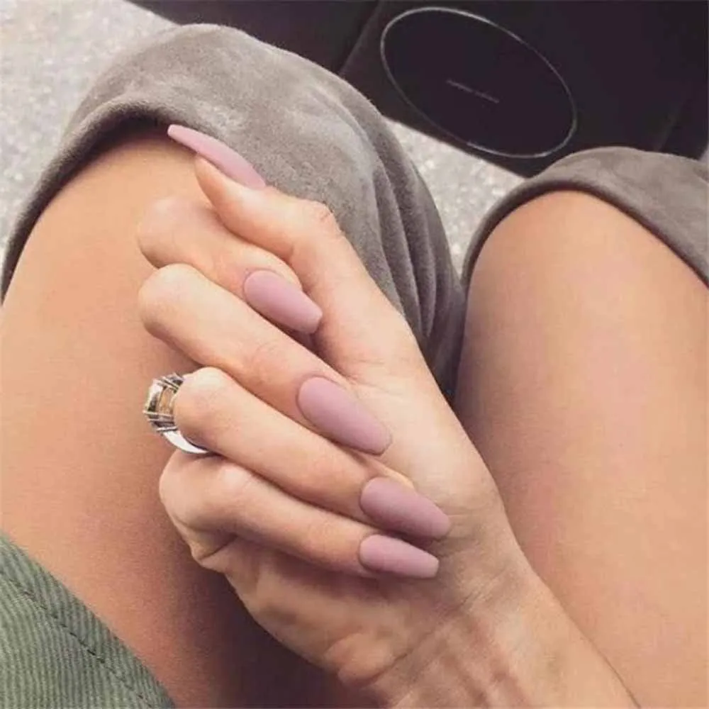 

24pcs Matte False Nails Full Cover Artificial Pink Purple Color Long Sharp head Design Fake Nails Press On Nail Tips for Girl