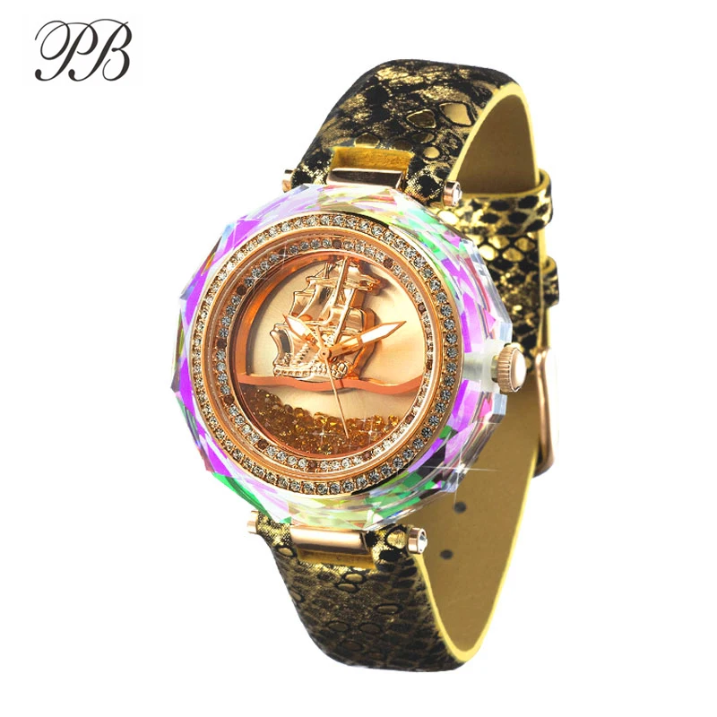 PB Princess Butterfly clock Бренд Зыбучие Пески и Парусный Циферблат часы женские наручные Кристалл Роскошный Цвет Радуги Кварц Кожа