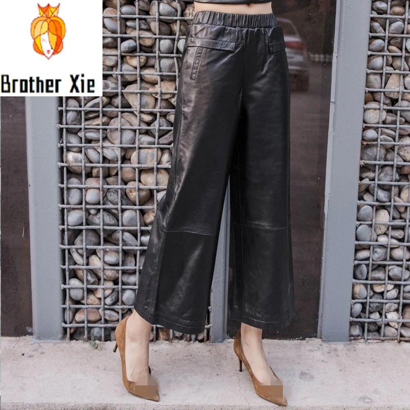 

2020 Spring Autumn Genuine Leather Pants Women Elastic Waist Casual Ankle-Length Sheepskin Wide Leg Pants Loose Leather Trousers