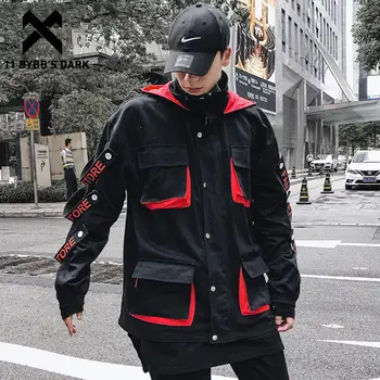 

11 BYBB'S DARK Hip Hop Color Clock Ribbons Hooded Men Jackets Autumn Winter Harajuku Multi Pockets Overwear Male Streetwear Coat