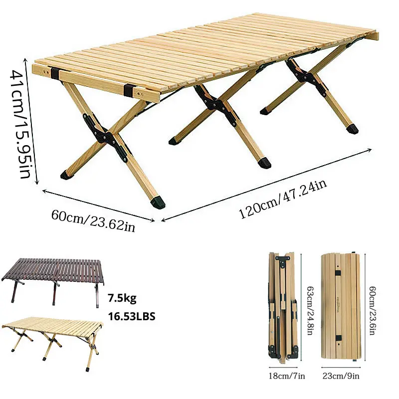 Folding Wood Table Portable Outdoor Indoor All-Purpose Foldable Picnic Table Cake Roll Wooden in a Bag for Picnic Camping