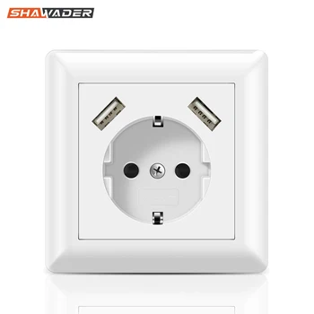 

USB Wall Socket Electrical 2 Way Plug Power Outlet 16A Flush Mounted EU Square Schuko for Smartphone Tablet MP3 Office Kitchen