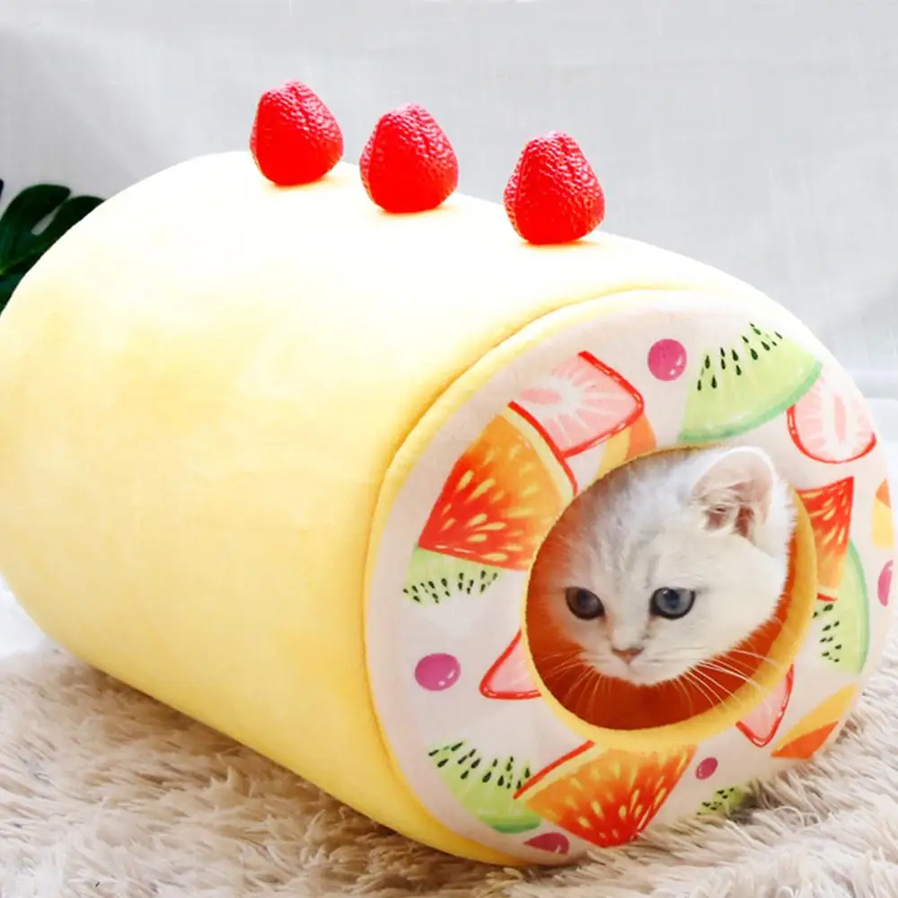 

Strawberry Cake Cat Nest Semi-Closed Cats Cave Soft Warm Tube Shaped Kitten House Pet Tent Bed Puppy Sleeping Bed