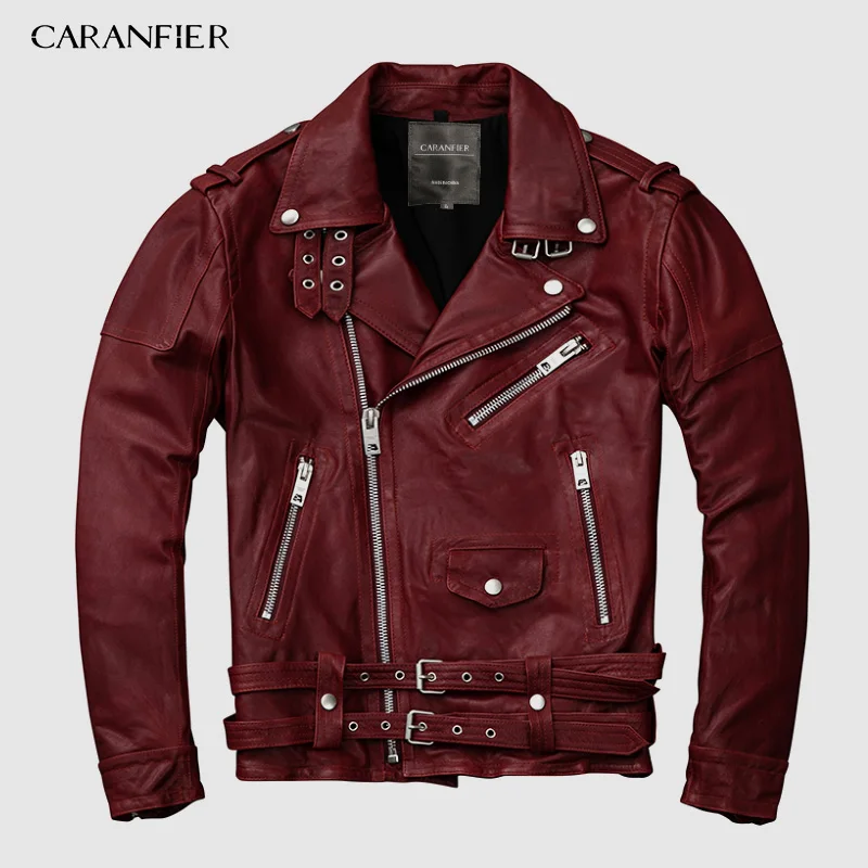 Мужская красная мотоциклетная куртка CARANFIER 2019 из натуральной овечьей кожи
