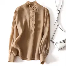 

Women Tops VONDA Autumn High Neck Lace Tops Ladies Pleated Puff Sleeve Solid Color Blouse Retro Office Formal Blusas Femininas