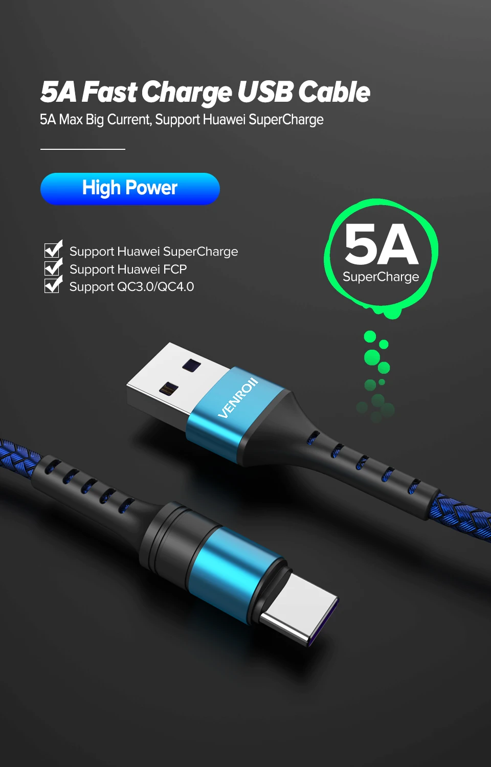 Venroii usb type C кабель 5A Supercharge 1 м 2 м type-C шнур для huawei P30 P20 mate 30 Pro Honor 20 Quick Charge 3,0 4,0 USBC Кабо