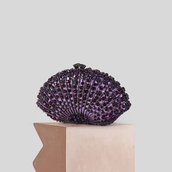 

Women Fashion Luxury Evening Handbag Crystal Rhinestone Diamond Studded Purple Color Peacock Stripe Lady Party Shoulder Bag