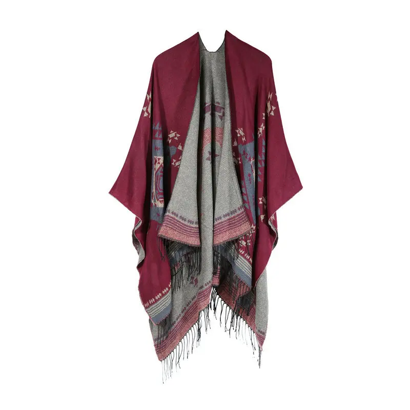 Europe And America Autumn& Winter New Style Versatile Geometry Tassels Faux Cashmere Shawl Cloak Travel Mantle