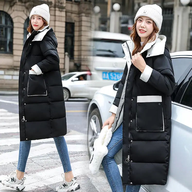 Parkas women 2022 new winter long hooded loose female jacket down solid  color thick windproof zipper casual coat female