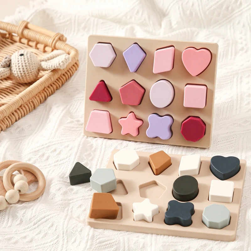 New 1Set Baby Silicone Montessori Toys Geomet Jigsaw Puzzle Nested Stacking Toys BPA Free Preschool Educational Games Kids Gifts