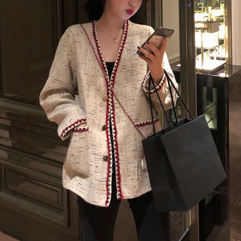 

Fashion Autumn Winter Coat Women 2019 New Retro Tweed Jacket Small Fragrance V-neck Tweed Cardigan Loose Vintage Elegant Outwear