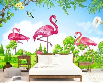 

beibehang papel de parede Custom silk hand painted flower flamingo background wall decoration painting wallpaper for kids room