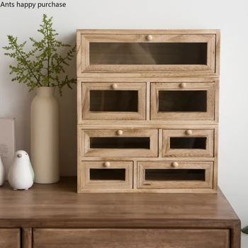 

Solid Wood Rectangle Desktop Cosmetic Storage Box Drawer Type Office Storage Sundries Jewelry Multi-layer Finishing Cabinet Home
