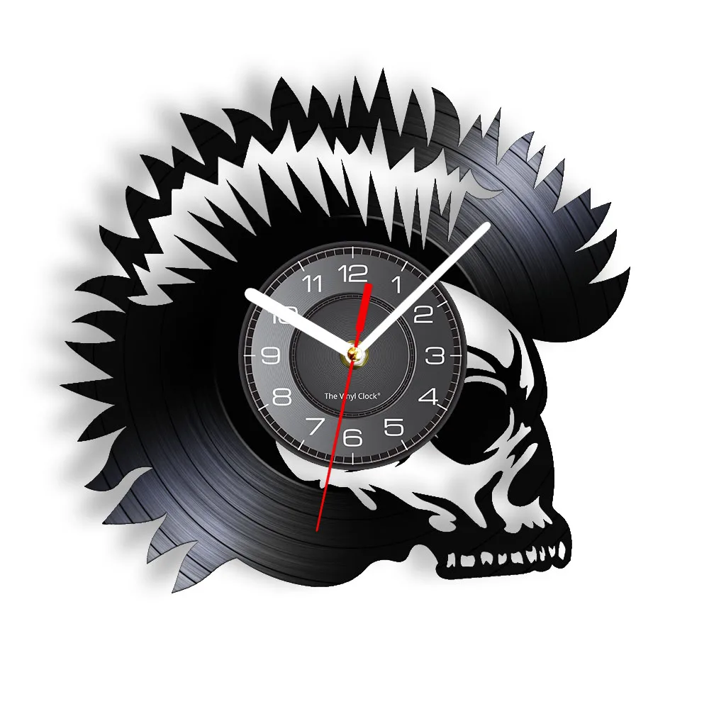 Punk Skull Orologio Da Parete In Vinile Horror Decorazioni Per La Casa Mohawk Music Cd Disc Gothic Mohican Skull Head Intagliato Album Music Record Cl