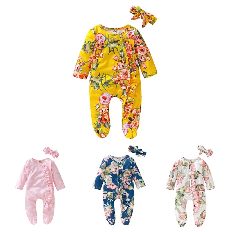 

Infant Summer Round Collar Long Sleeve Floral Print Girls Jumpsuit Climb Soft Romper+Hairband Two-piece Set