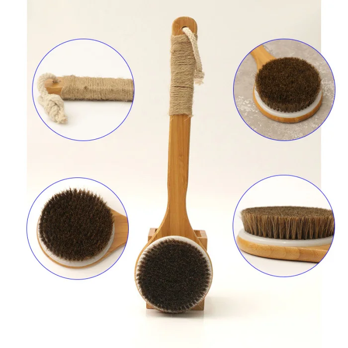 Shower Brush With Long Bamboo Wood Handle Back Scrubber Spa Exfoliator Bath Body Massage Brushes JS11