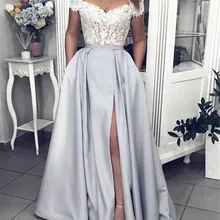 Платья для выпускного вечера с открытыми плечами, Длинные Кружевные Аппликации, боковые разрезы, карманы, официальное платье, вечерние платья, Robe De Soiree