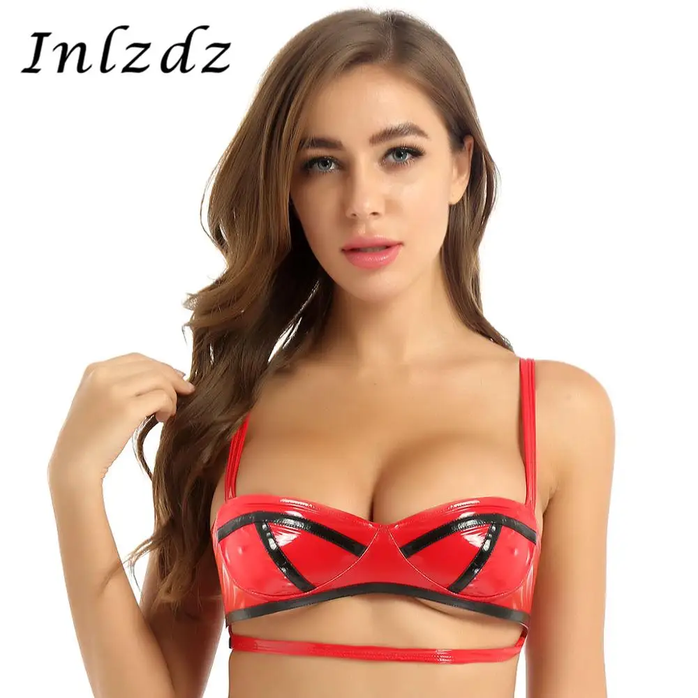 Женские Эротическое белье Bra Top с мокрым эффектом Лакированная кожа регулируемый