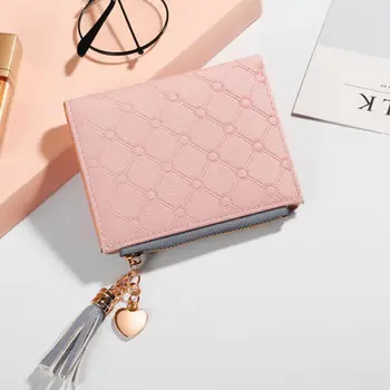 

The new style lady's short pink purse spliced with a cute short wallet tassel zipper multi-card zero purse