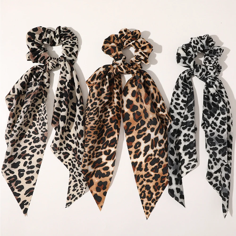 Fashion Leopard Print Bow Satin Long Ribbon Ponytail Scarf Hair Tie Scrunchies Women Girls Elastic Hair Bands Hair Accessories