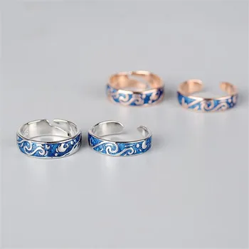 

New European Style Creative Van Gogh Star Couples 925 Sterling Silver Jewelry Personality Moon Blue Opening Rings SR535