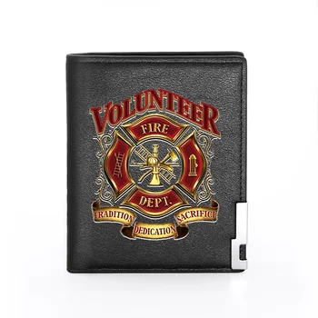 

High Quality Volunteer Firemen Printing Black Leather Wallet Fashion Fire Department Men Women Credit Card Holder Short Purse