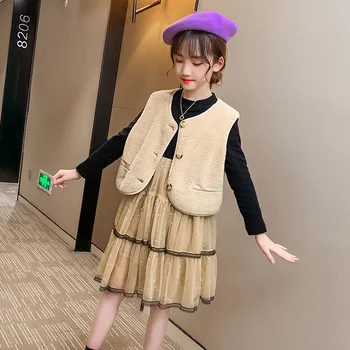 

Children Winter Girls Clothes Set Teenage Girl Long Sleeve Stitching Yarn Dress With Vest 2pcs Casual Christmas Outfits For Kids
