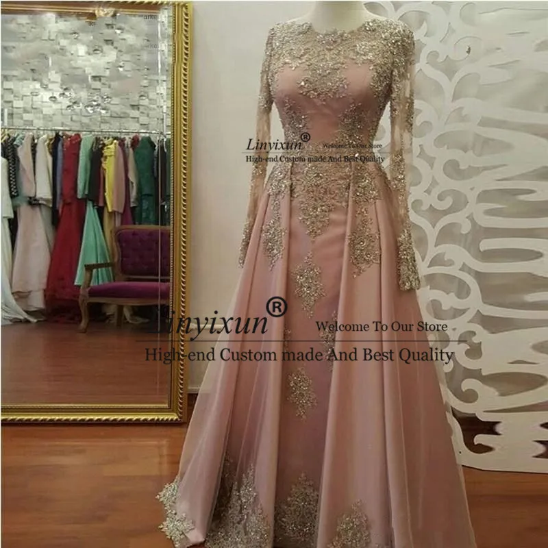 Modest Blush Pink Prom Dresses Long Sleeve Lace Appliques Crystal Party
