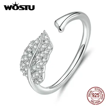 

WOSTU Real 925 Sterling Silver Feather Clear Zircon Ring For Women Wedding Engagement Adjustable Rings Silver 925 Jewelry DXR614