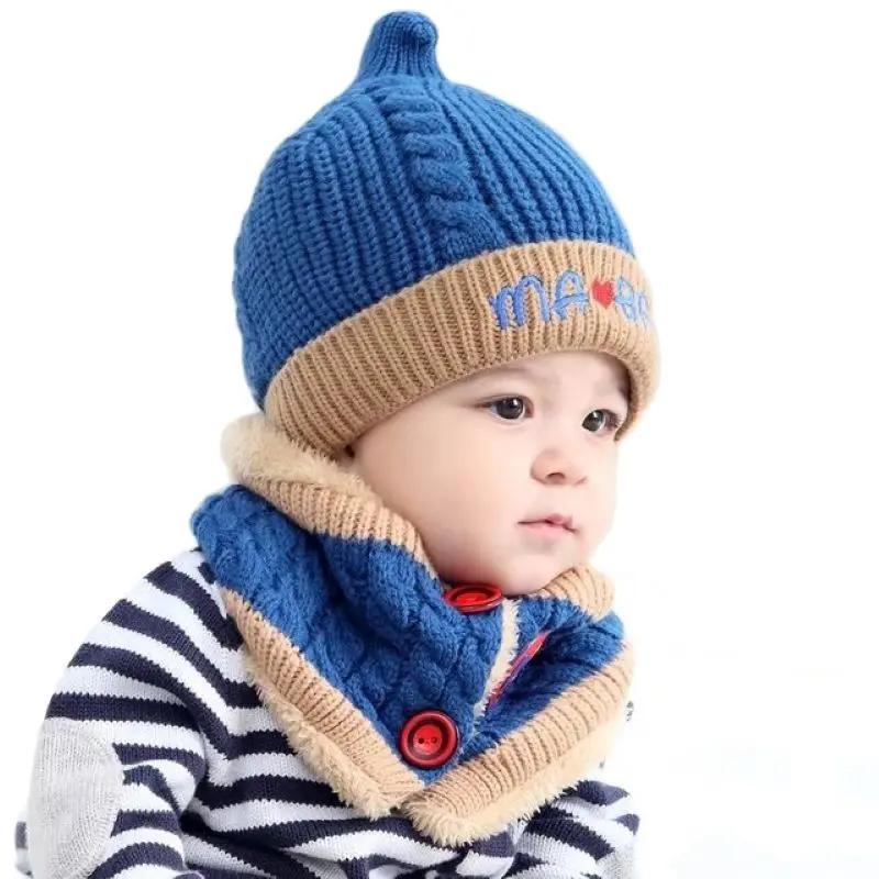 Winter Fashion Letter Boy Beanie Hat Pink Lovely Cap for Girl Knitted Hats with Neck Gaiter Set Baby Kids Headwear 6-24M