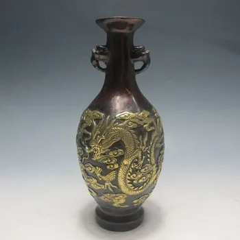 

Elaborado Jarrón chino de cobre dorado tallado a mano dragón y Fénix Binaural con marca Oianlong