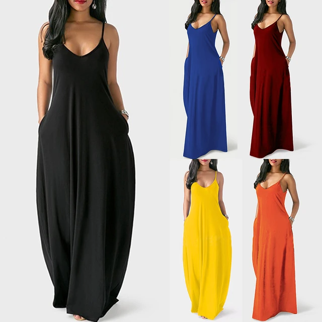 Summer Women Solid Long Dress Casual Spaghetti Strap V-neck Sleeveless Maxi Dress Pocket Loose Beach Party Sundress Plus Size 1