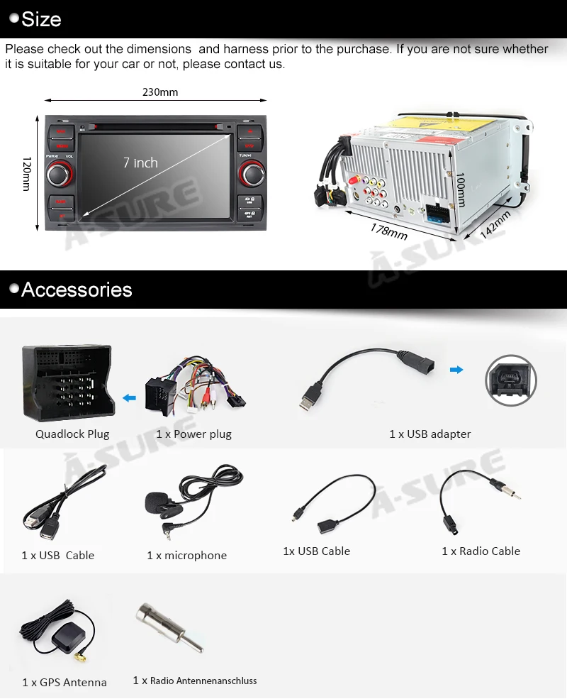 Excellent A-Sure 2 Din Car Auto Radio GPS Player Navigation For Ford Transit Focus Galaxy S-Max C-Max Fusion Fiesta FM RDS SWC DVD USB 3G 28