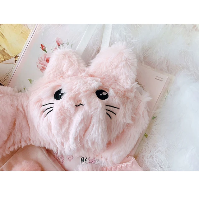 Japanese Kawaii Soft Plush Student Lingerie Cute Girl Women Cartoon  Embroidery Cat Bra Sexy Pink and White No Steel Ring Set - AliExpress