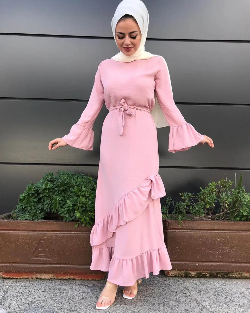 Розовый Арабское Dirndl турецкое мусульманское женское платье abaya Дубай красный исламский халат одежда Женская мода кафтан платье - Цвет: Розовый