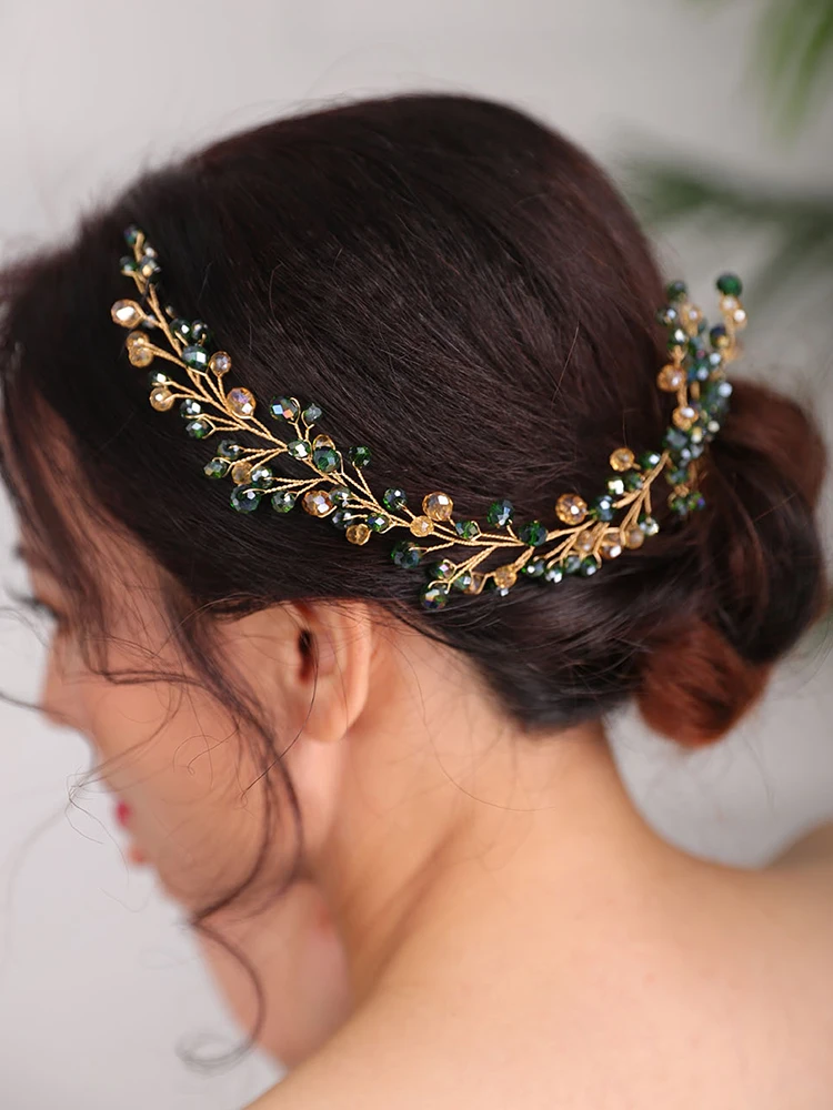 Bridal Headwear tiaras Wedding Bohemian Hair comb Green Headpiece Handmade Bride to be head jewelry Crystal Headbands for women