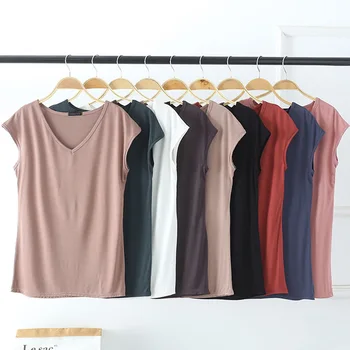 

Basic Modal Summer T Shirt Women Knitted Non Sleeves Tee Shirt High Elasticity Breathable V Neck Female Top Tshirt