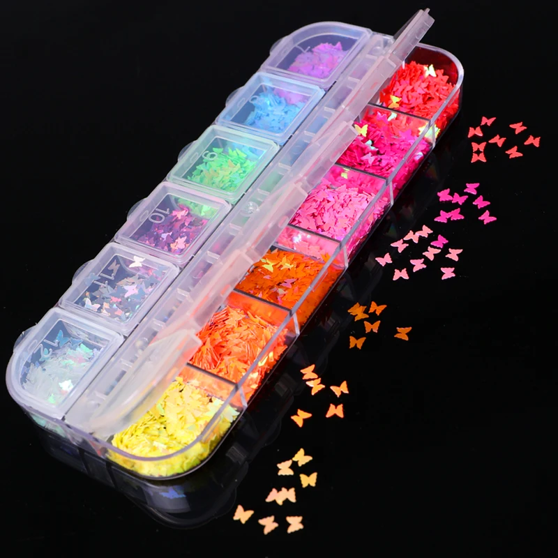 12 ячеек флуоресцентные блестки в форме бабочки/в сердца глиттер для дизайна