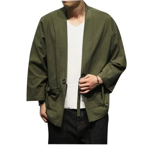 Army Green кардиган Для мужчин Костюмы хлопок Куртка-кардиган мужской уличной моды хип-хоп Повседневное пальто свободно кимоно куртка