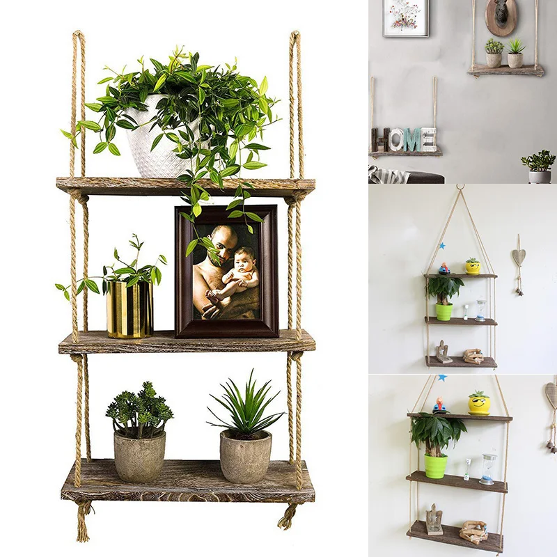 

Wall Swing Storage Shelves Wood Hanging Shelf Jute Rope Organizer Rack Home DIY Decoration LBShipping