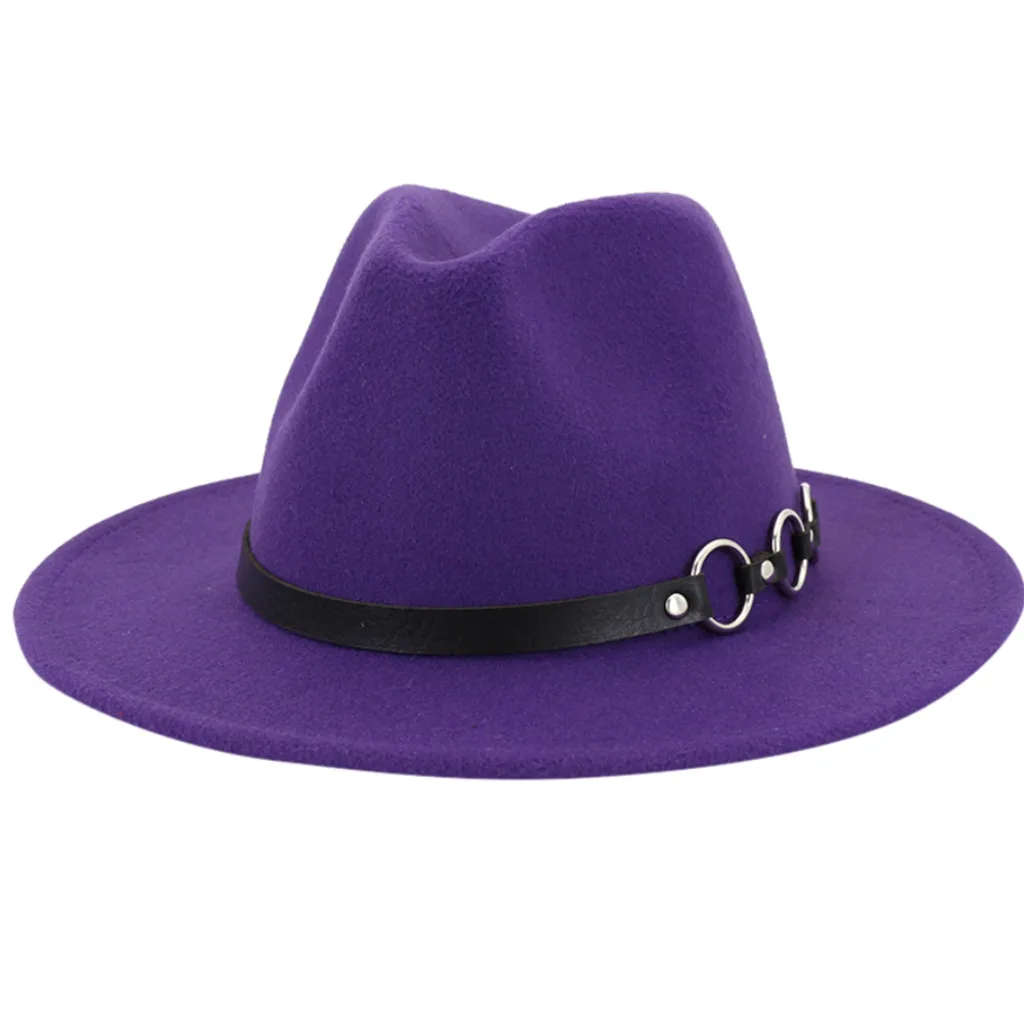 Purple Мужская и женская винтажная шляпа с широкими полями, с пряжкой на ремне, регулируемые шляпы, шляпы Fedoras Chapeau Sombrero Mujer, шапка женска#4 - Цвет: Purple