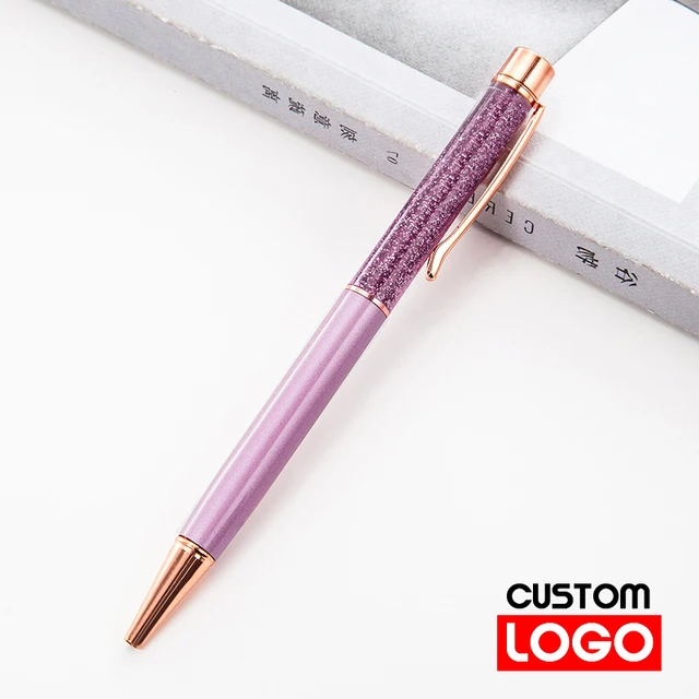 Creative Gold Foil Oil Pen Crystal Wafer Pen High-grade Metal Signature Pen Custom LOGO Lettering Engraved Name Stationery Pink purple