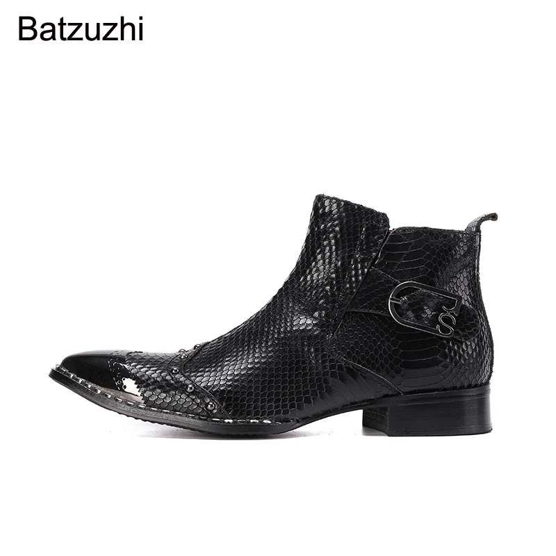 Batzuzhi Luxury Handmade Boots Men Black Genuine Leather Boots Men Ankle Pointed Metal Head Zip Business Fashion Party Botas