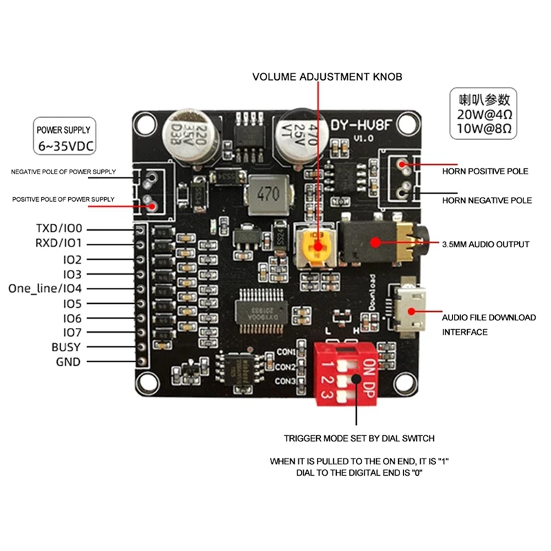 DY HV8F 12V/24V Trigger Serial Port Control 10W/20W голосовой модуль воспроизведения с флэш памятью
