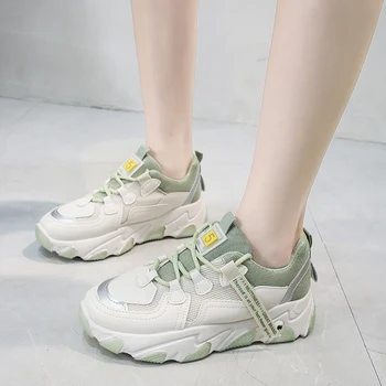 

Spring Summer New Pu Mesh Patchwork Flat Platform Breathable Casual Korean Concise Was Thin Womens White Dad Shoes Chic Sneakers