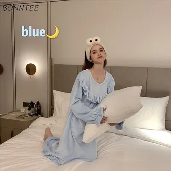 

Nightgowns Women Solid Sweet Pink Soft Korean Style Thicker Warm Womens High Quality Mid-long Length Soft Ruffles Sleepshirts