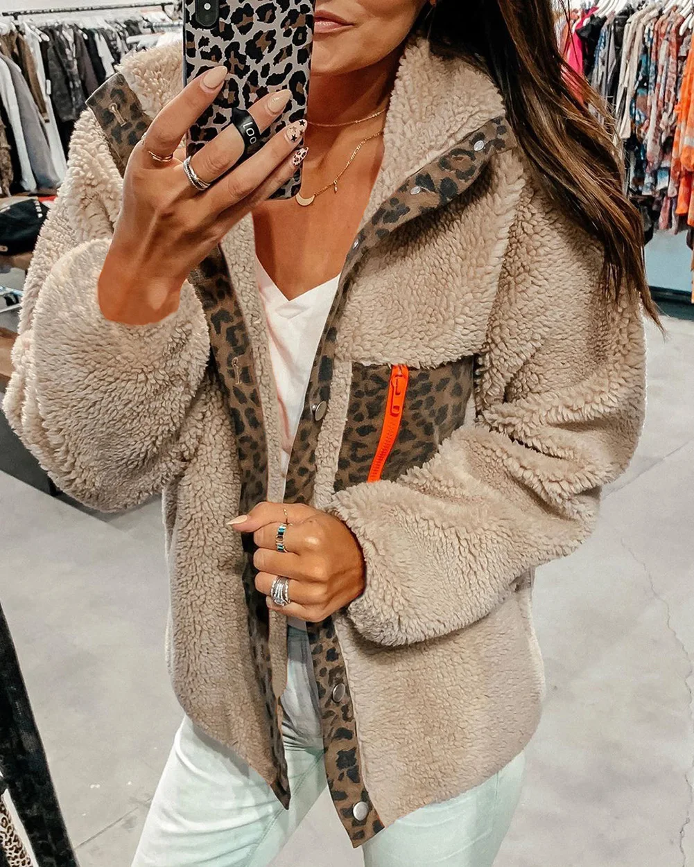 Greatest  Winter Warm Thick Pockets Patchwork Zipper Button Leopard Plush Cardigan Coat Grey Apricot Casual W